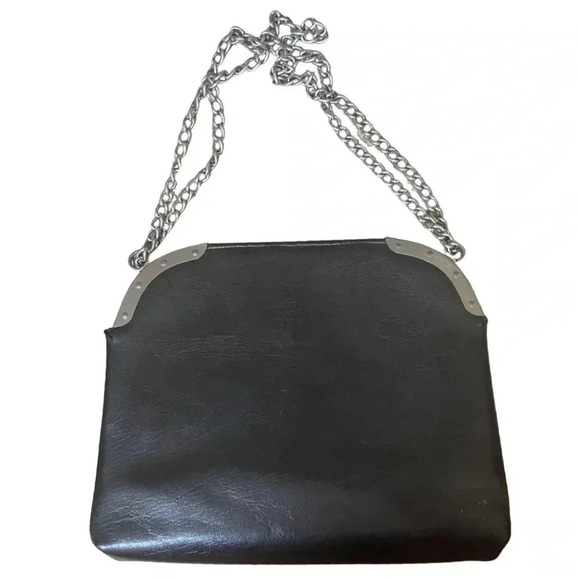 Y2K black chain shoulder bag faux-leather frame purse, AS-IS for repair - Picture 5 of 11